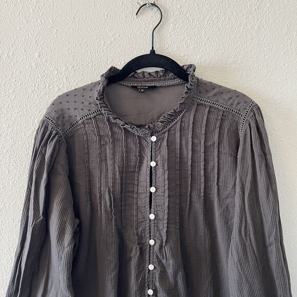 Quince Women's Top Med Textured Organic Cotton Peasant Blouse Charcoal Gray - Picture 4 of 16
